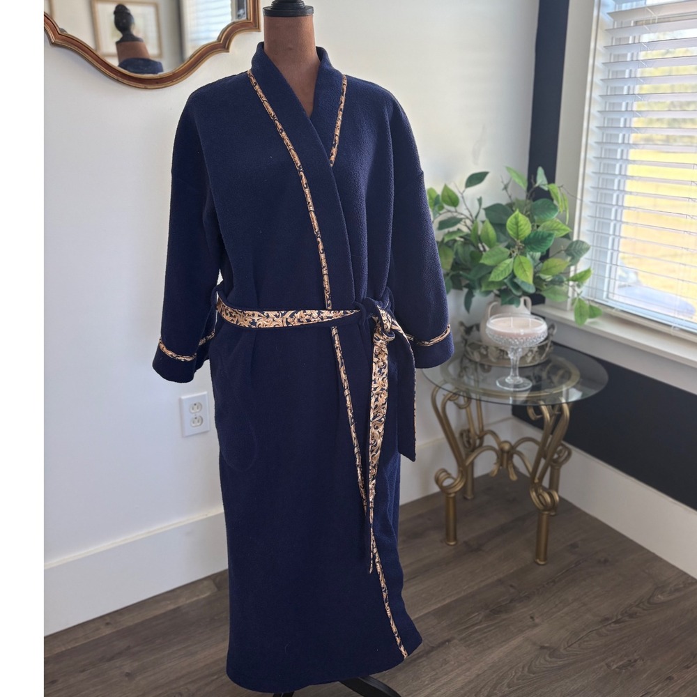 Vintage Amanda Stewart Terry Cloth Robe Womens Medium‎ Blue Baroque Trimmed
